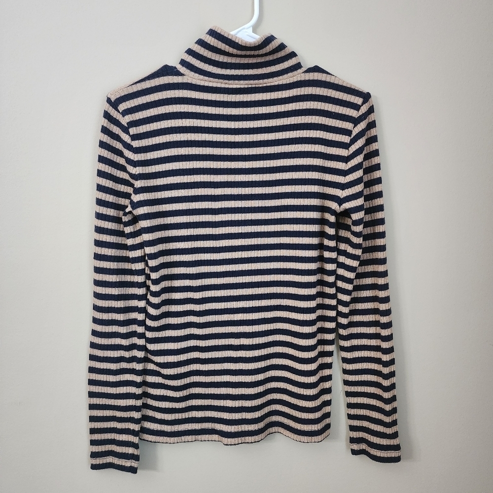 J Crew size M navy and tan stripes lightweight turtle nick Top - Picture 2 of 5